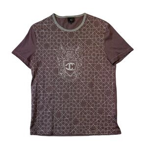 Just Cavalli mens L Large purple baroque crest short sleeve crewneck t-shirt EUC